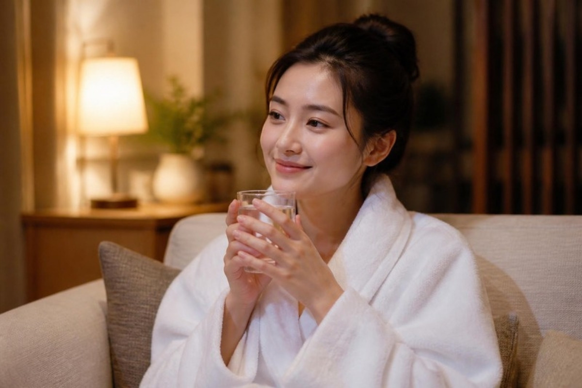 お風呂上がりに、ソファでコップの水を飲んでほっとする女性