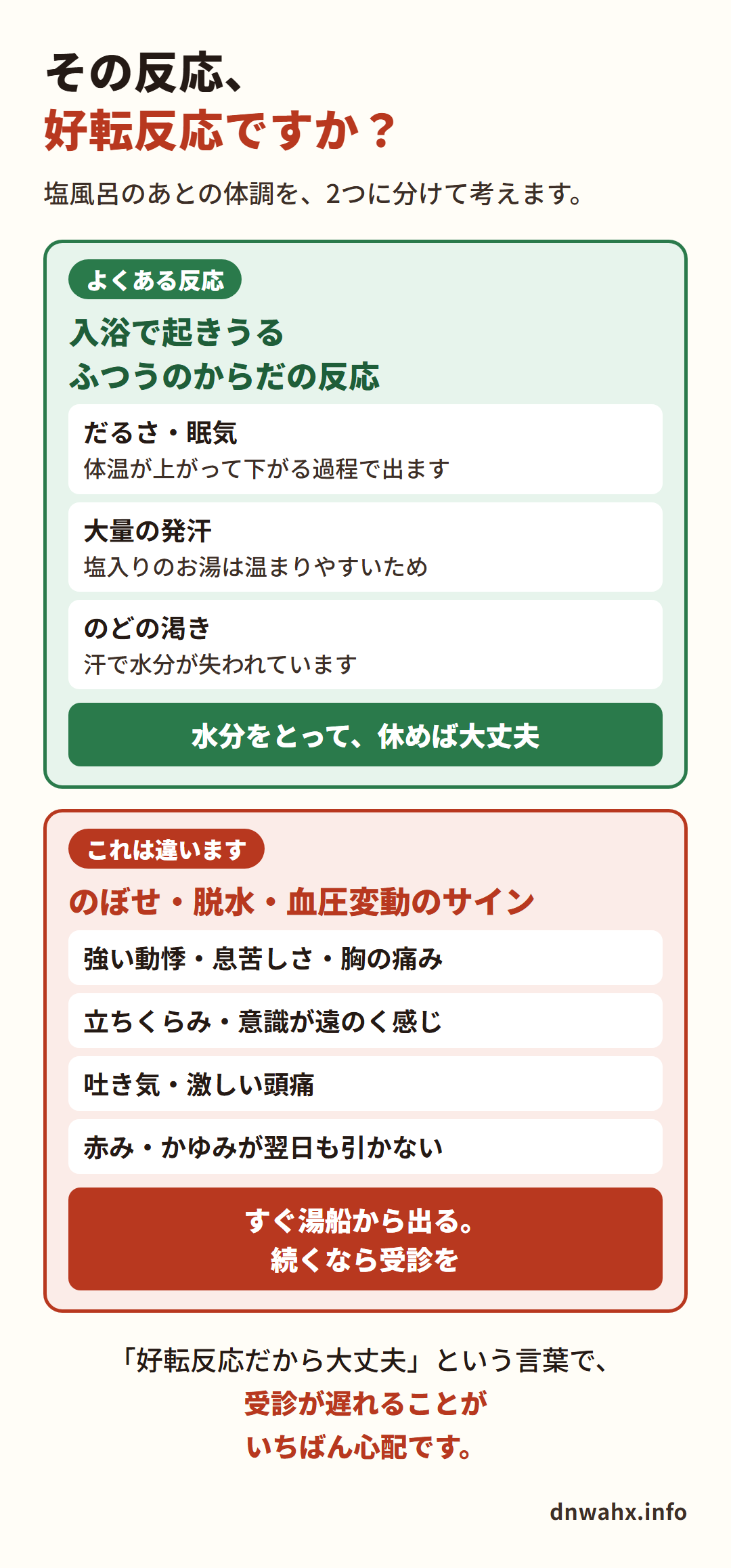 塩風呂のあとの反応と受診の目安 好転反応とのぼせ・脱水の見分け方