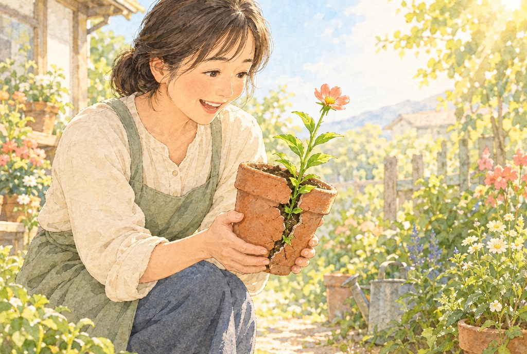 庭で、ひびの入った植木鉢を両手で持つ女性が、ひびから伸びて花を咲かせた芽を見つけて、うれしそうにほほえんでいる水彩イラスト
