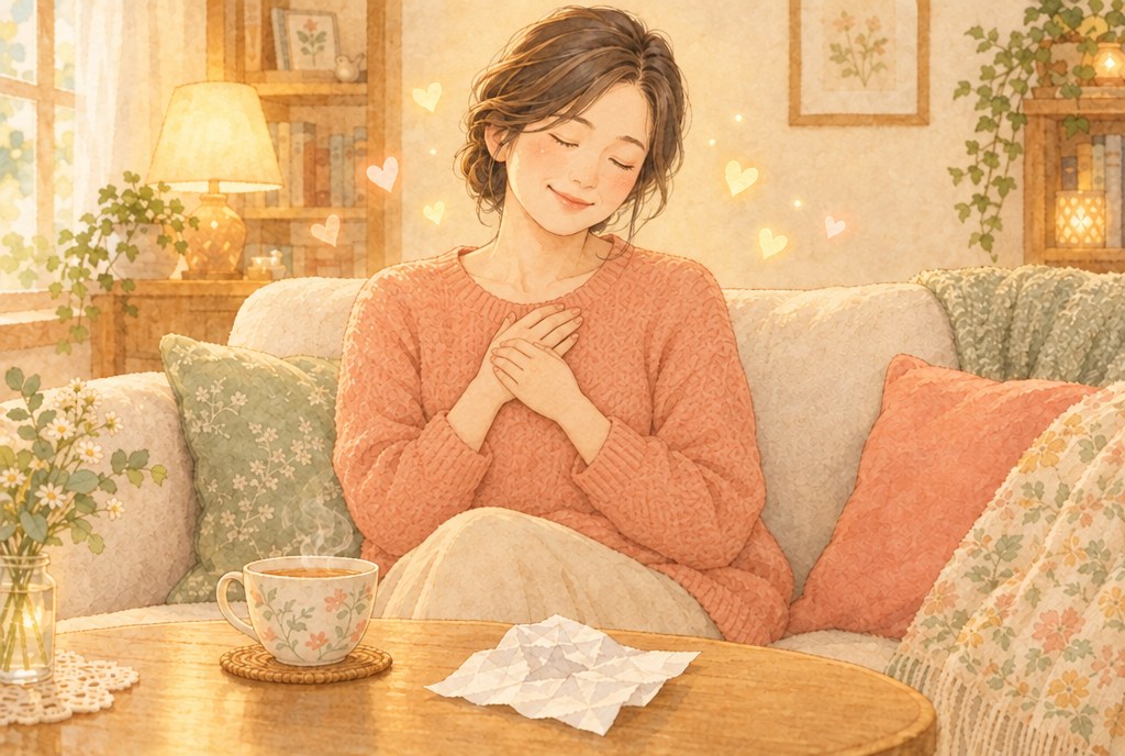 ソファに座った女性が、両手を胸の真ん中にそっと重ねて目を閉じ、やさしくほほえみながら自分をいたわっている水彩イラスト。テーブルには丸めた紙と温かいお茶
