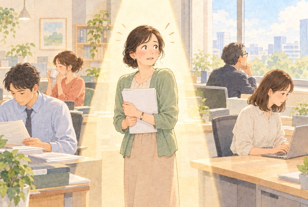 オフィスで書類を抱えた女性が、自分だけにスポットライトが当たっているように感じて緊張しているが、まわりの同僚は書類を読んだり、コーヒーを飲んだり、パソコンを打ったりしていて、誰も彼女を見ていない水彩イラスト