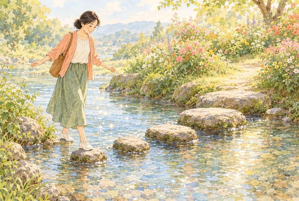 小川にならぶ小さな飛び石の最初のひとつに、両手でバランスをとりながら、少し勇気を出した笑顔で足をのせる女性の水彩イラスト。向こう岸には花が咲いている
