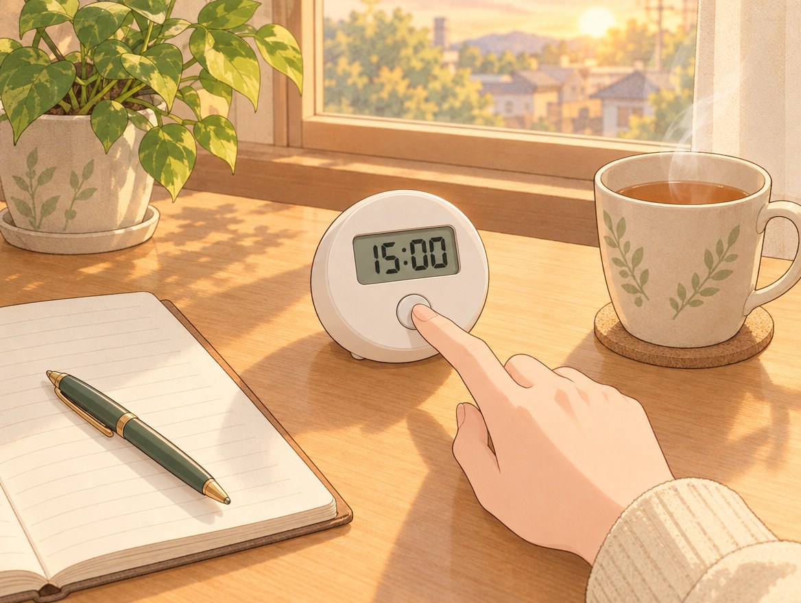 机の上のキッチンタイマーに15:00と表示され、指でスタートボタンを押そうとしているイラスト。となりに開いたノートとペン、湯気の立つお茶