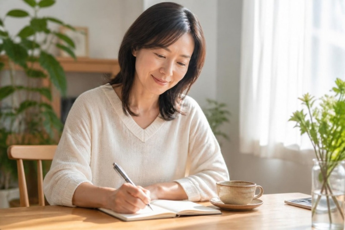 窓辺のテーブルでノートに書き込む40代の女性