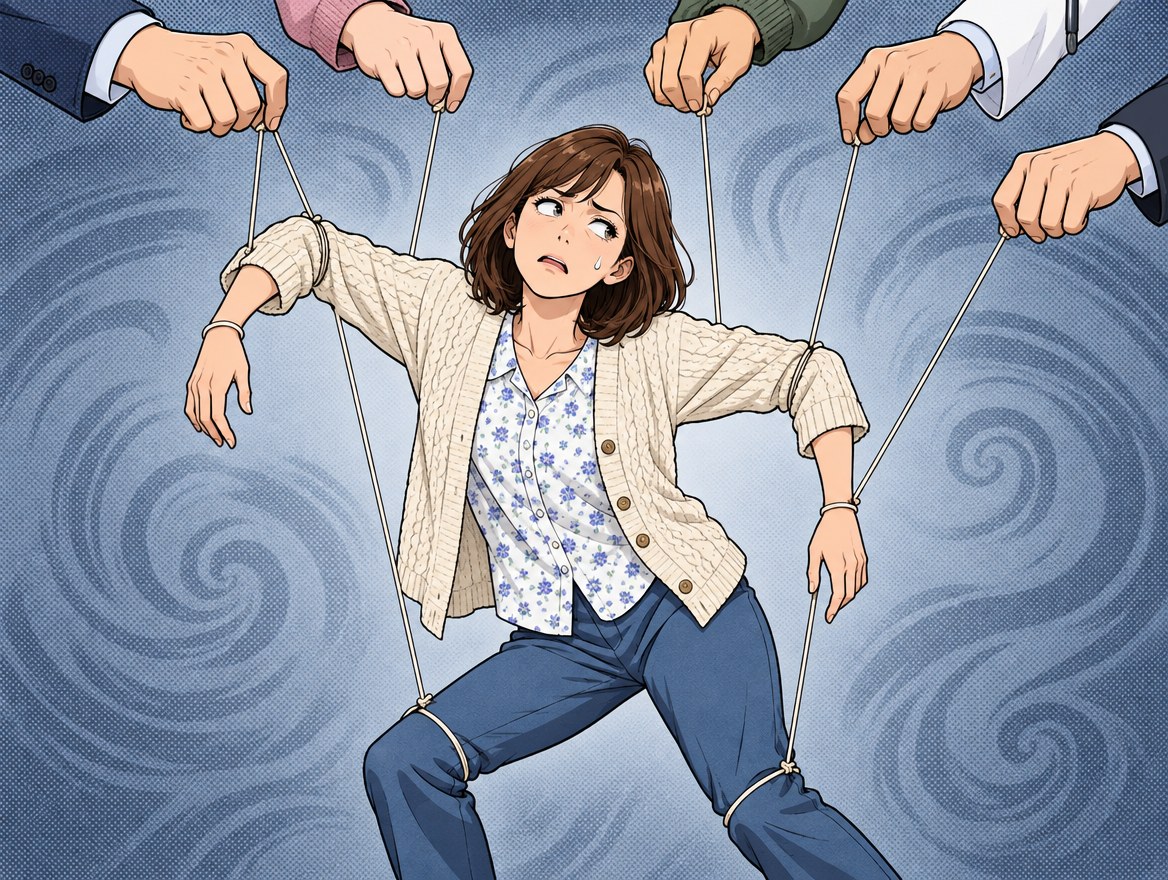 手首やひざを糸で結ばれ、上からいくつもの手にあやつり人形のように引っぱられて困った顔をする女性の漫画イラスト