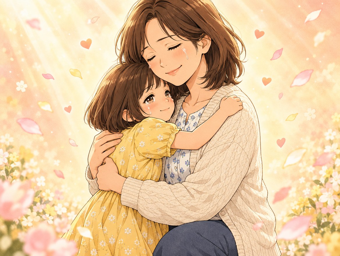ひざをついて、小さいころの自分である女の子をやさしく抱きしめる女性の漫画イラスト。ふたりとも涙を浮かべながら、おだやかにほほえんでいる