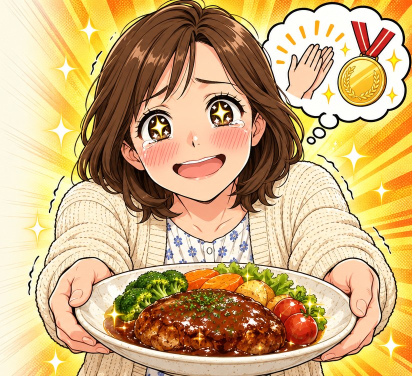 手作りのハンバーグを両手で差し出し、目をキラキラさせて「ほめてほしい」と待つ女性の漫画イラスト。頭の上の吹き出しには、拍手と金メダルが浮かんでいる