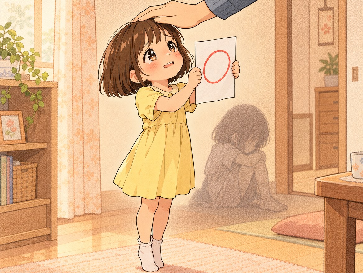 丸のついた答案を両手で掲げ、頭をなでられながら大人を見上げる小さな女の子の漫画イラスト。うしろには、ひざを抱えてひとりで座る同じ女の子の影がある