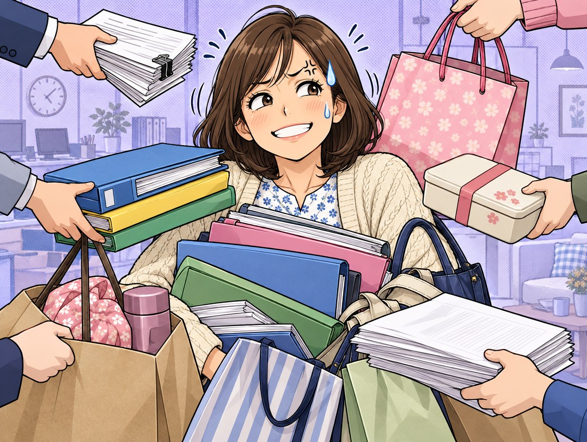 まわりから次々に渡される書類や荷物の山を抱え、冷や汗をかきながら引きつった笑顔でうなずく女性の漫画イラスト