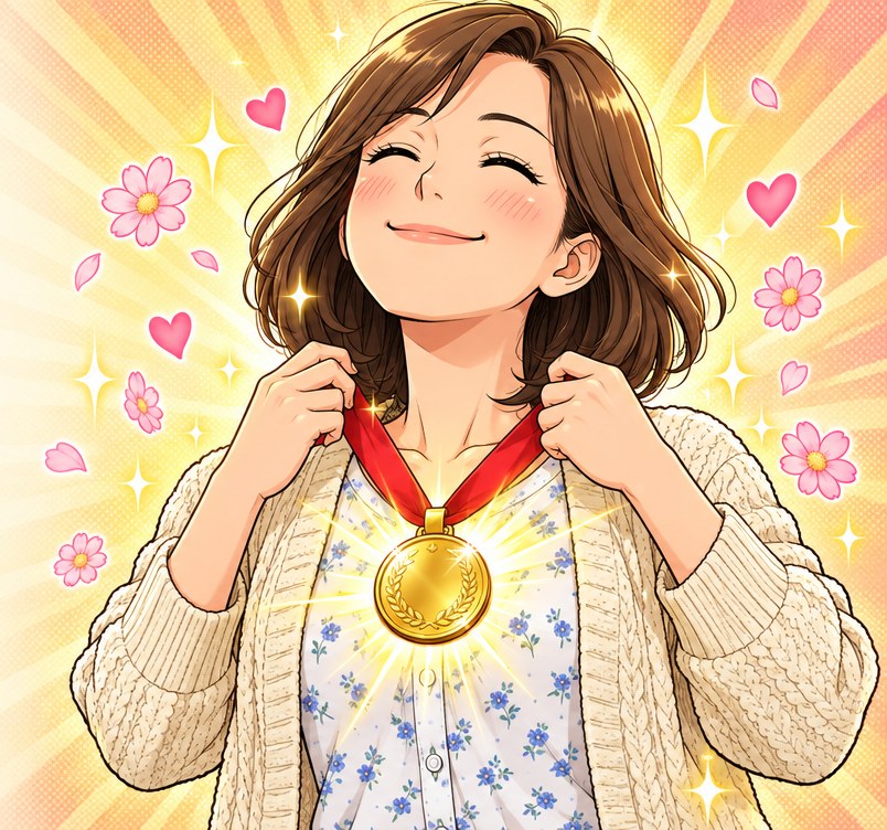 自分の首に金メダルをかけ、目を閉じて満たされた笑顔を浮かべる女性の漫画イラスト。まわりに花やハートが舞っている