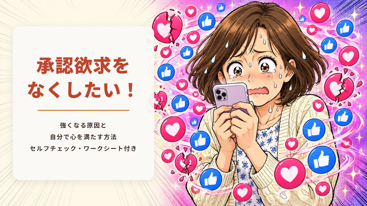 承認欲求をなくしたい！強くなる原因と自分で心を満たす方法（スマホを握りしめ、いいねのハートに囲まれて焦る女性の漫画イラスト）