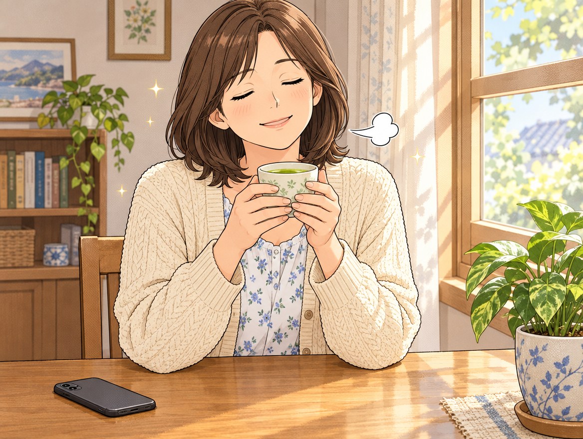 スマホをテーブルに伏せて置き、日の当たる窓辺で温かいお茶を両手で持ち、ほっとひと息つく女性の漫画イラスト