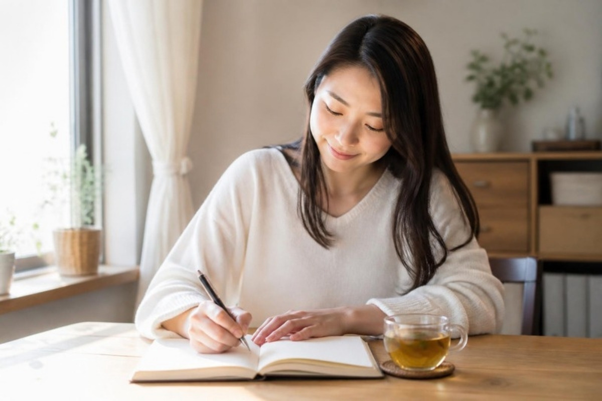 瞑想のあと、窓辺のテーブルでノートにジャーナリングをする30代の女性