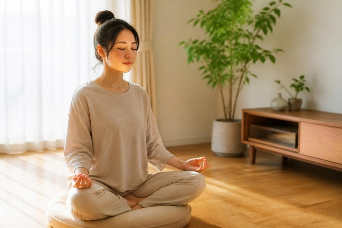 座布団にあぐらで座り、手のひらを上に向けて目を閉じて瞑想する30代の女性