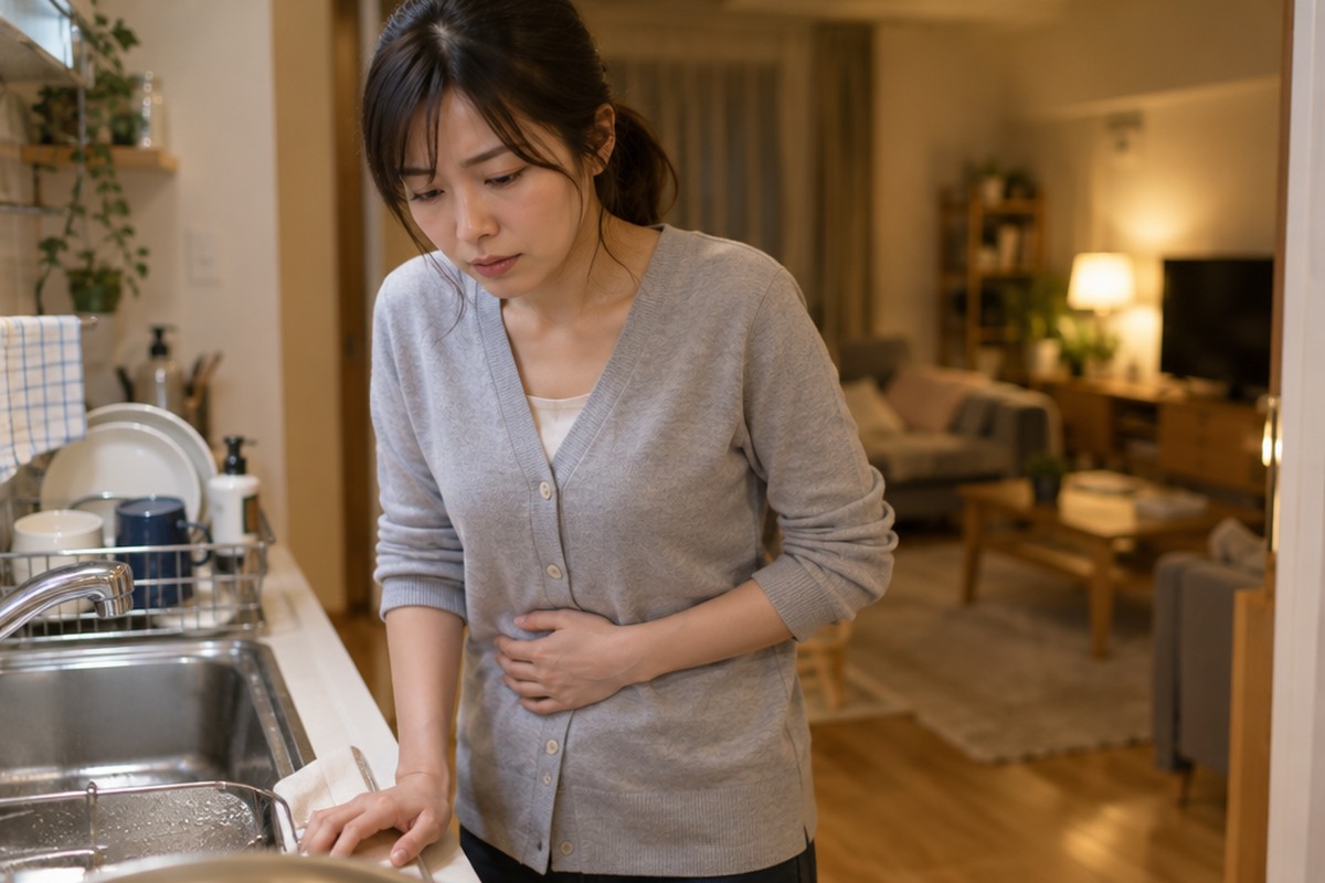 夜のキッチンで、お腹に手を当てて疲れた表情をする女性