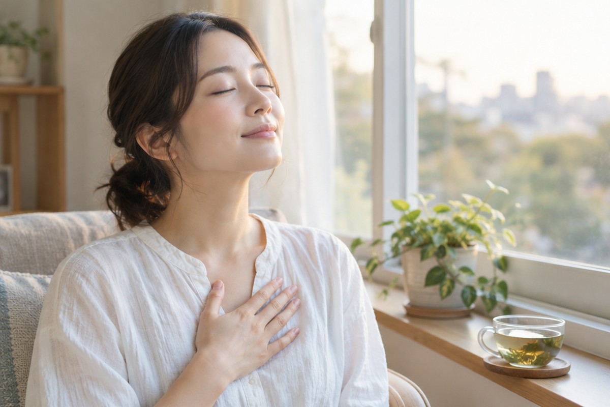 窓辺で目を閉じ、胸に手を当てて深呼吸をする女性