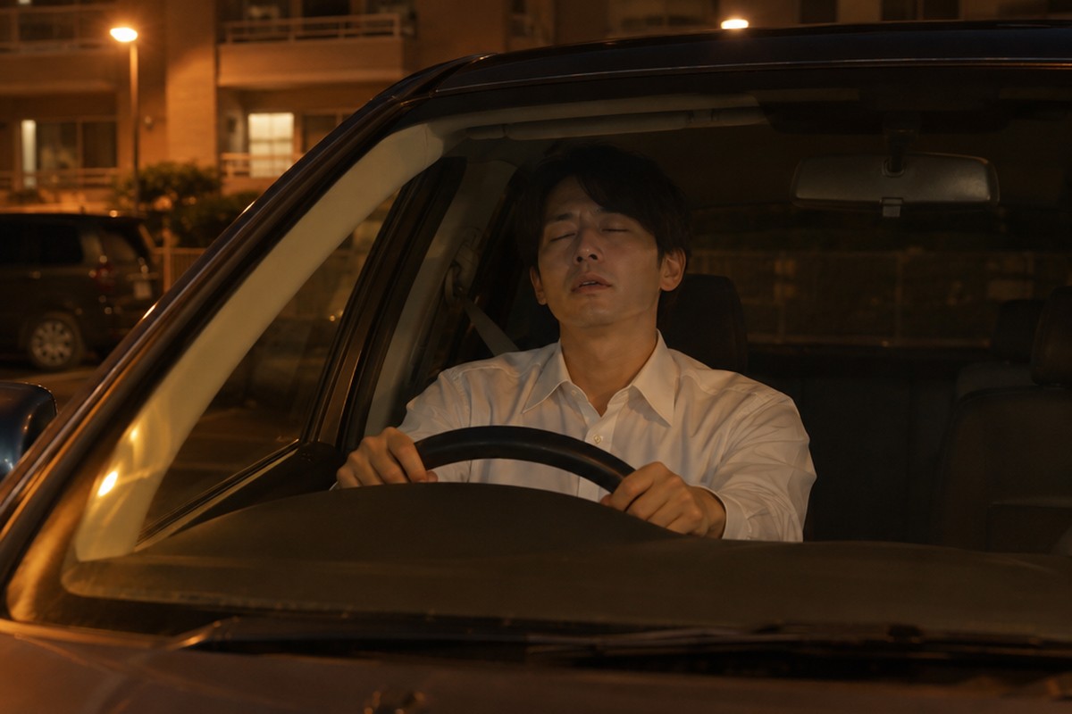 夜の駐車場で、帰宅する前に車の中でため息をつく男性