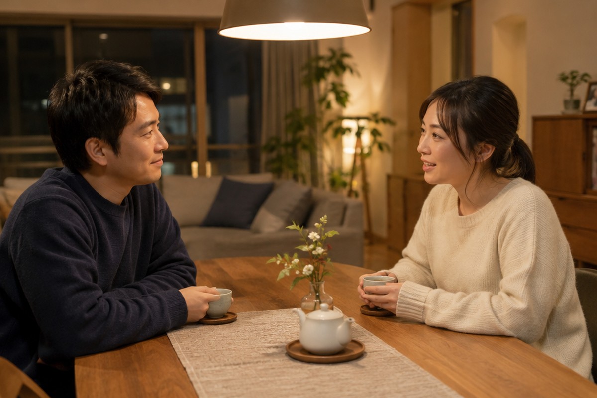 夜のダイニングで、お茶を飲みながら穏やかに話す夫婦