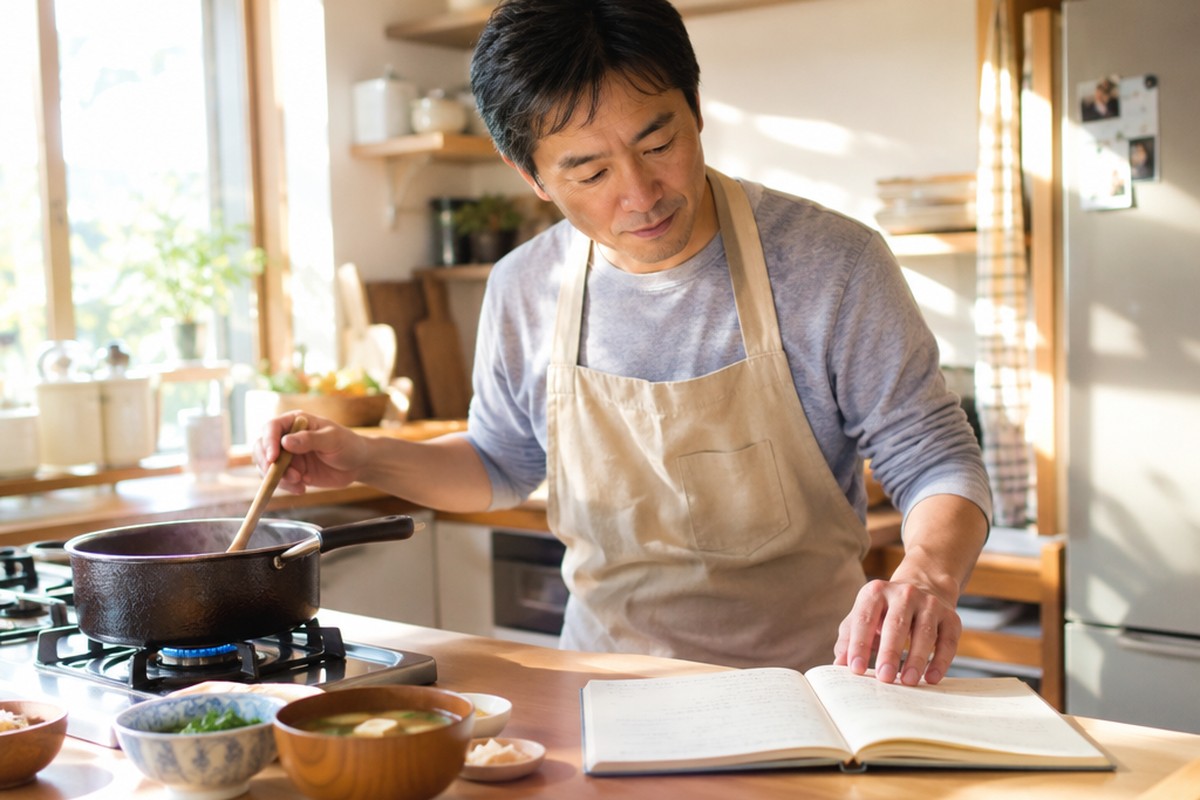 朝の台所で、手書きのレシピノートを見ながら味噌汁を作る男性