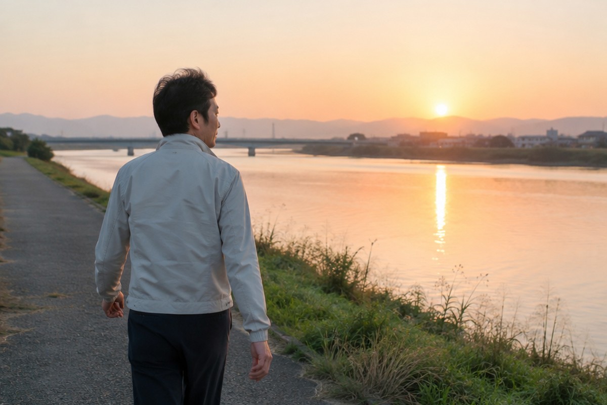 朝日の川沿いの道を、ゆっくり歩く男性の後ろ姿