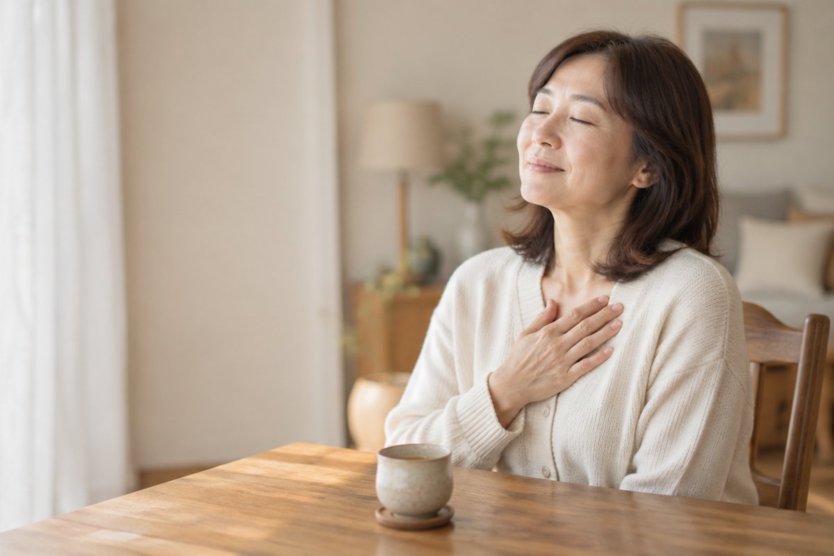 やわらかな光が差しこむ部屋で、胸に手を当てて目を閉じ、ほっとした表情を浮かべる女性
